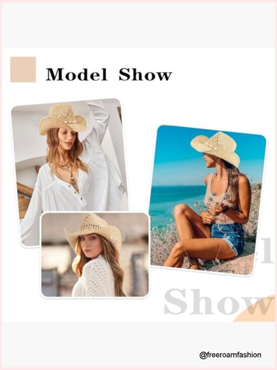 Foldable Straw Cowgirl Hat with Wide Brim for Beach Sun Protection main image 5